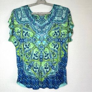 Live & Let Live Top L Tie Waist Rhinestones Rivets Blue Green